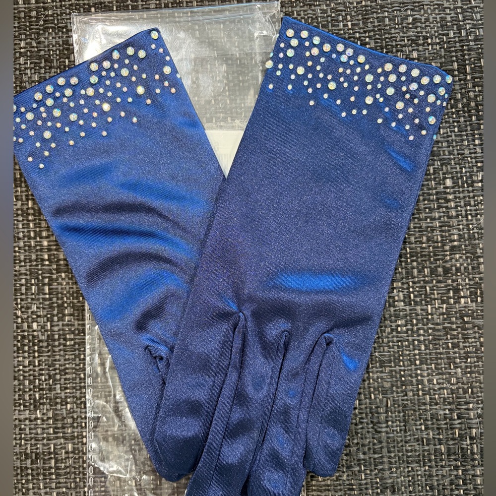 Elegant Blue Satin Gloves with Rhinestone Detailing